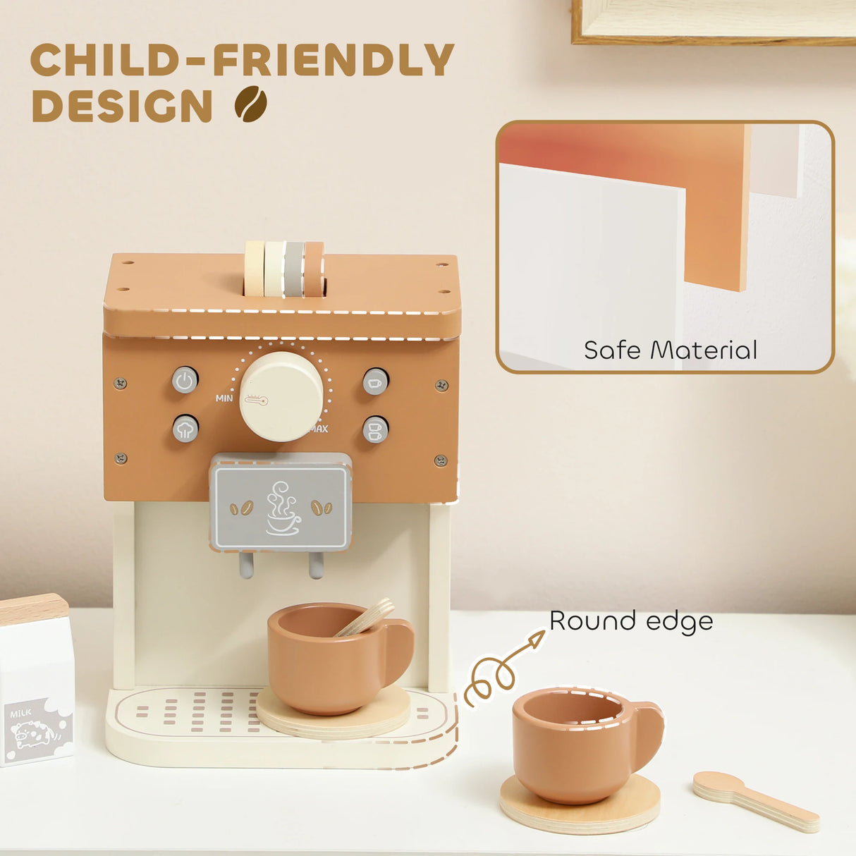 AIYAPLAY Kids Wooden Coffee Machine Toy, Pretend Play Kitchen Accessories Gift for Boys and Girls Ages 3+