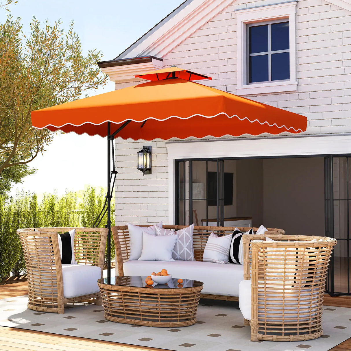 Outsunny 2.5m Cantilever Parasol with Easy Lever, Square Double Top Garden Parasol Umbrella with Ruffles and Cross Base, Overhanging Outdoor Sun Shades, Orange