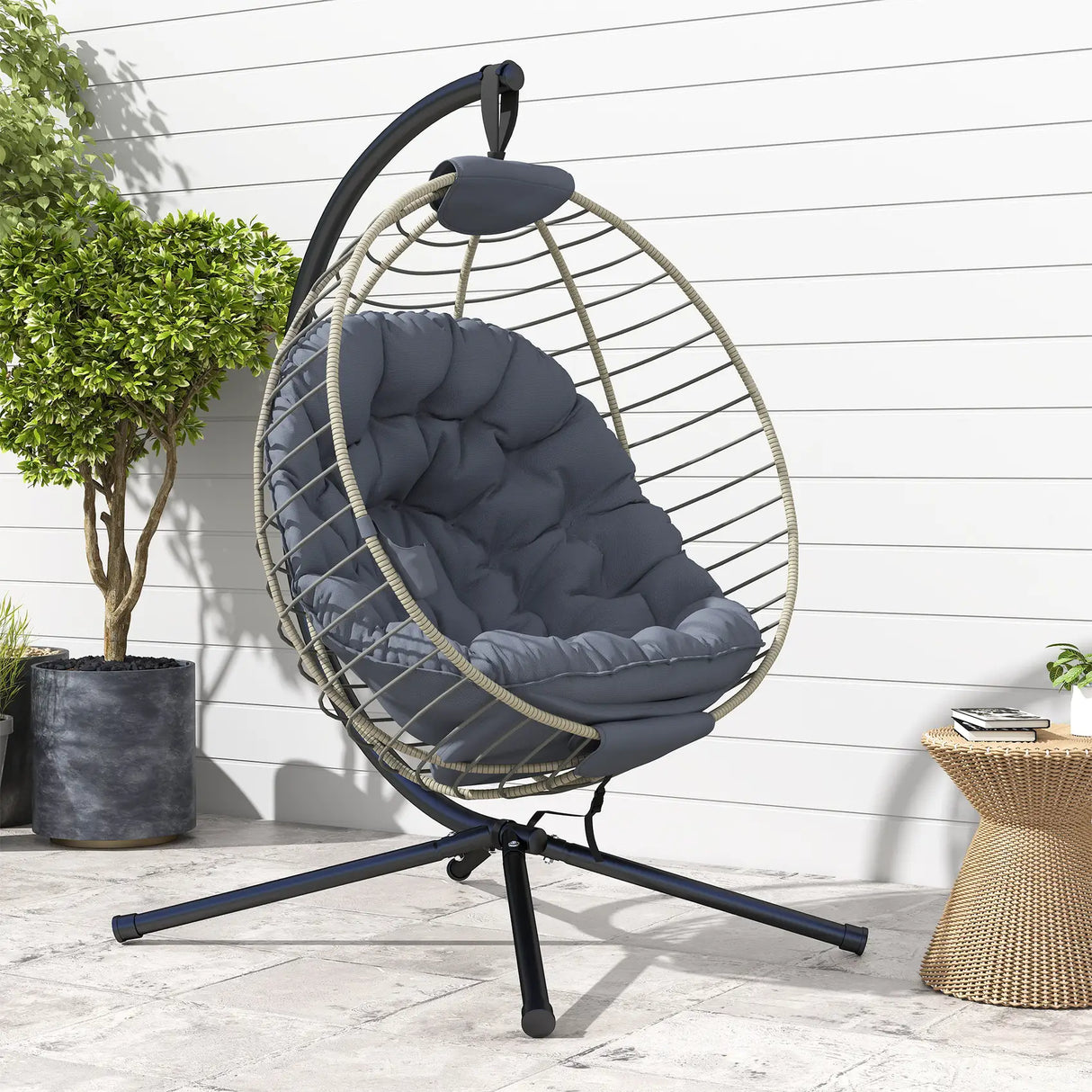 Outsunny PE Rattan Swing Chair, Outdoor Hanging Chair with Metal Stand, Thick Padded Cushion, Foldable Basket and Cup Holder, for Indoor and Outdoor, Grey