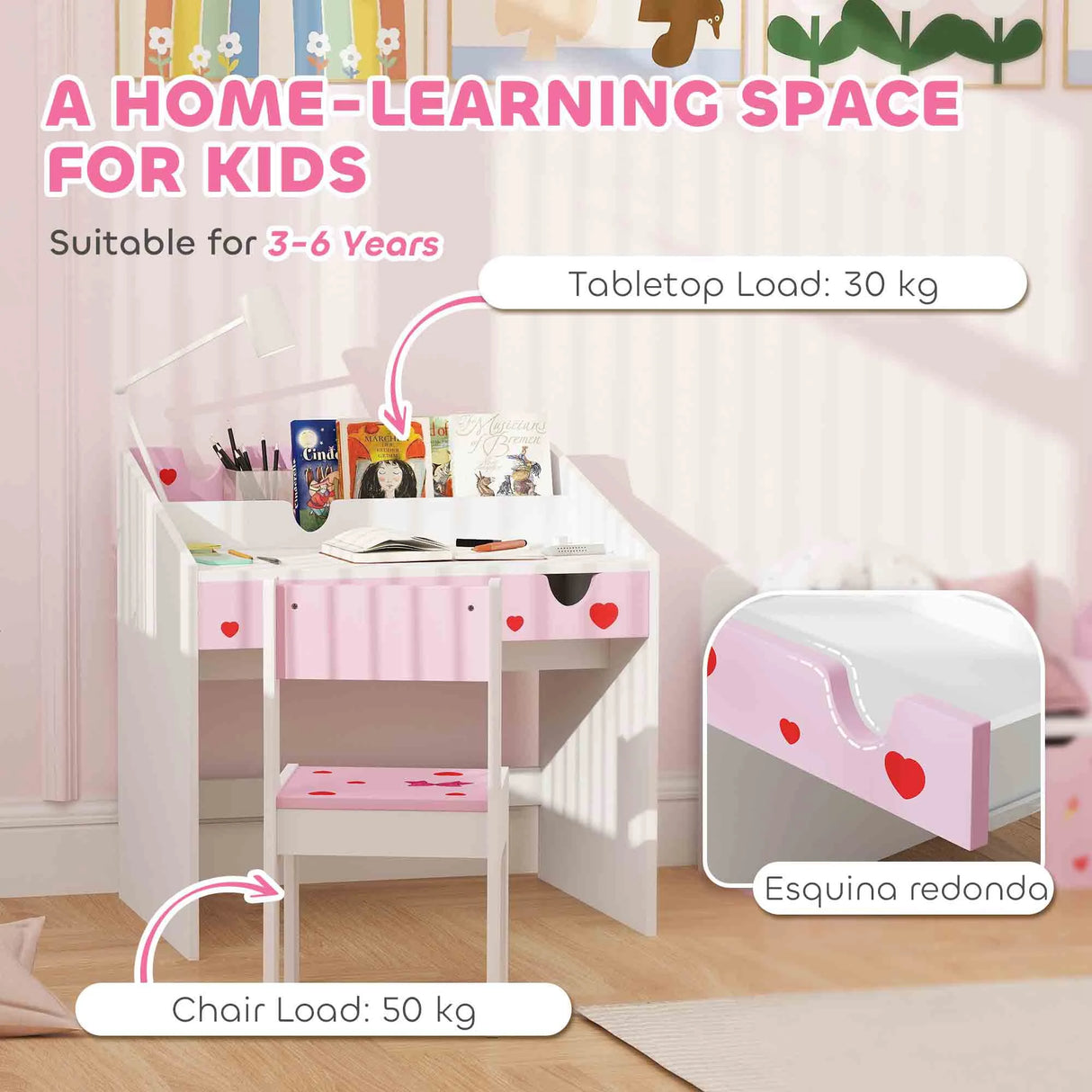 AIYAPLAY Children Study Table and Chair, Kids Desk and Chair Set with Storage, Pull-Out Drawer, for Ages 3-6 Years, Pink