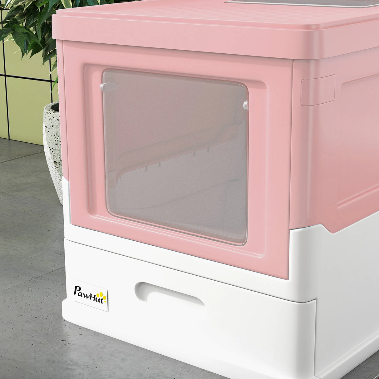PawHut Hooded Cat Litter Box, Portable Pet Toilet, with Scoop, Front Entry - Pink