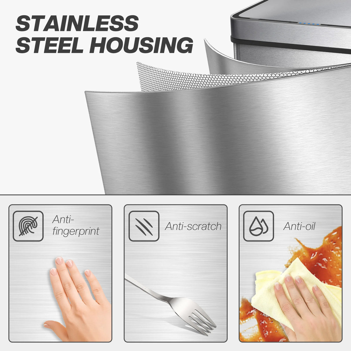 HOMCOM 50 L Sensor Can, Sensor Bin with Soft-Close Lid, Fingerprint-Proof Stainless Steel, Silver Tone