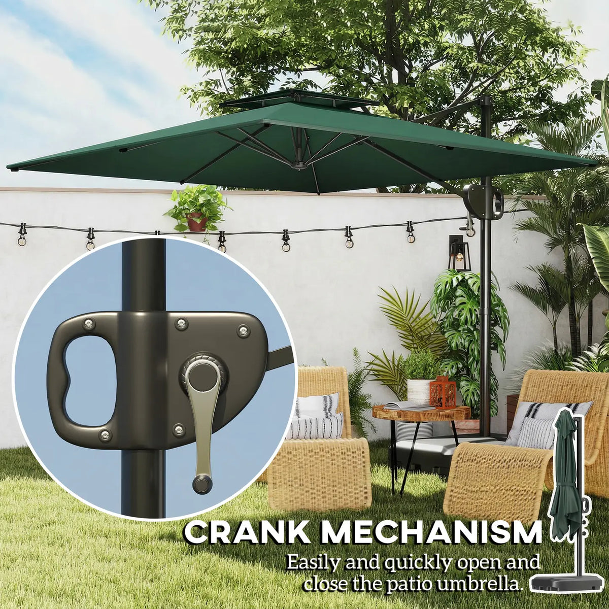 Outsunny Cantilever Parasol with Weighted Base Double Top Garden Parasol Square Hanging Patio Umbrella with Crank Tilt Dark Green