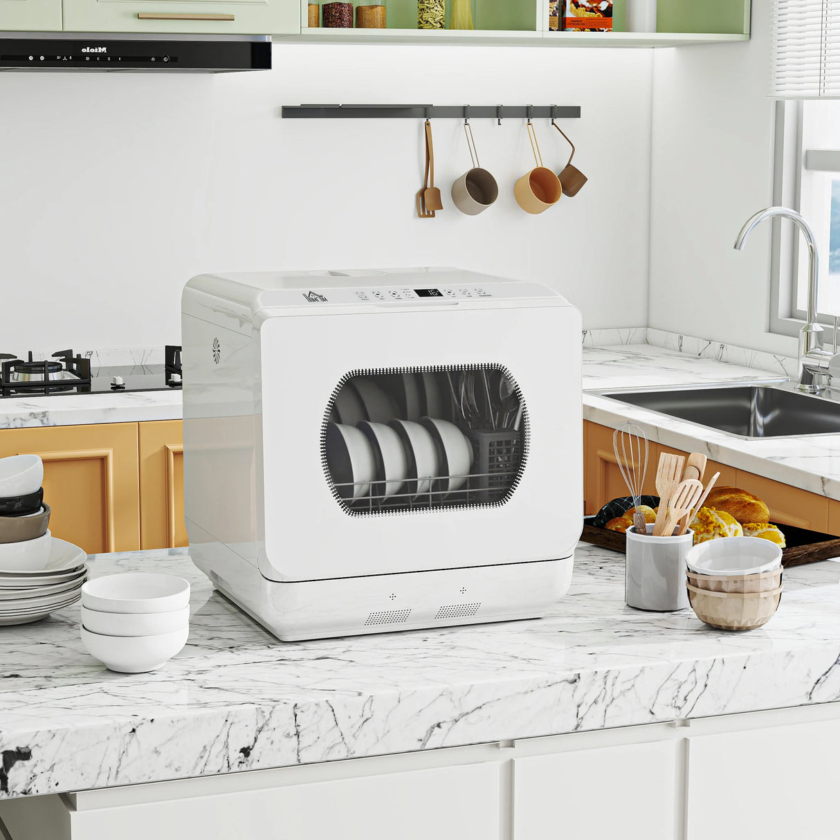 HOMCOM Table Top Dishwasher with Built-in 6L Water Tank, Mini Countertop Dishwasher with 6 Programs, 4 Place Settings, White