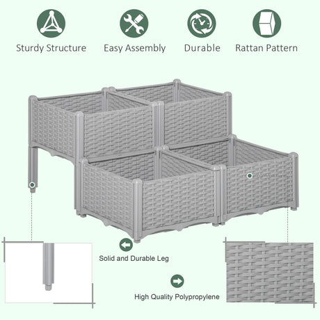 Outsunny Set of 4 26L Garden Raised Bed Elevated Patio Flower Plant Planter Box PP Vegetables Planting Container, Grey