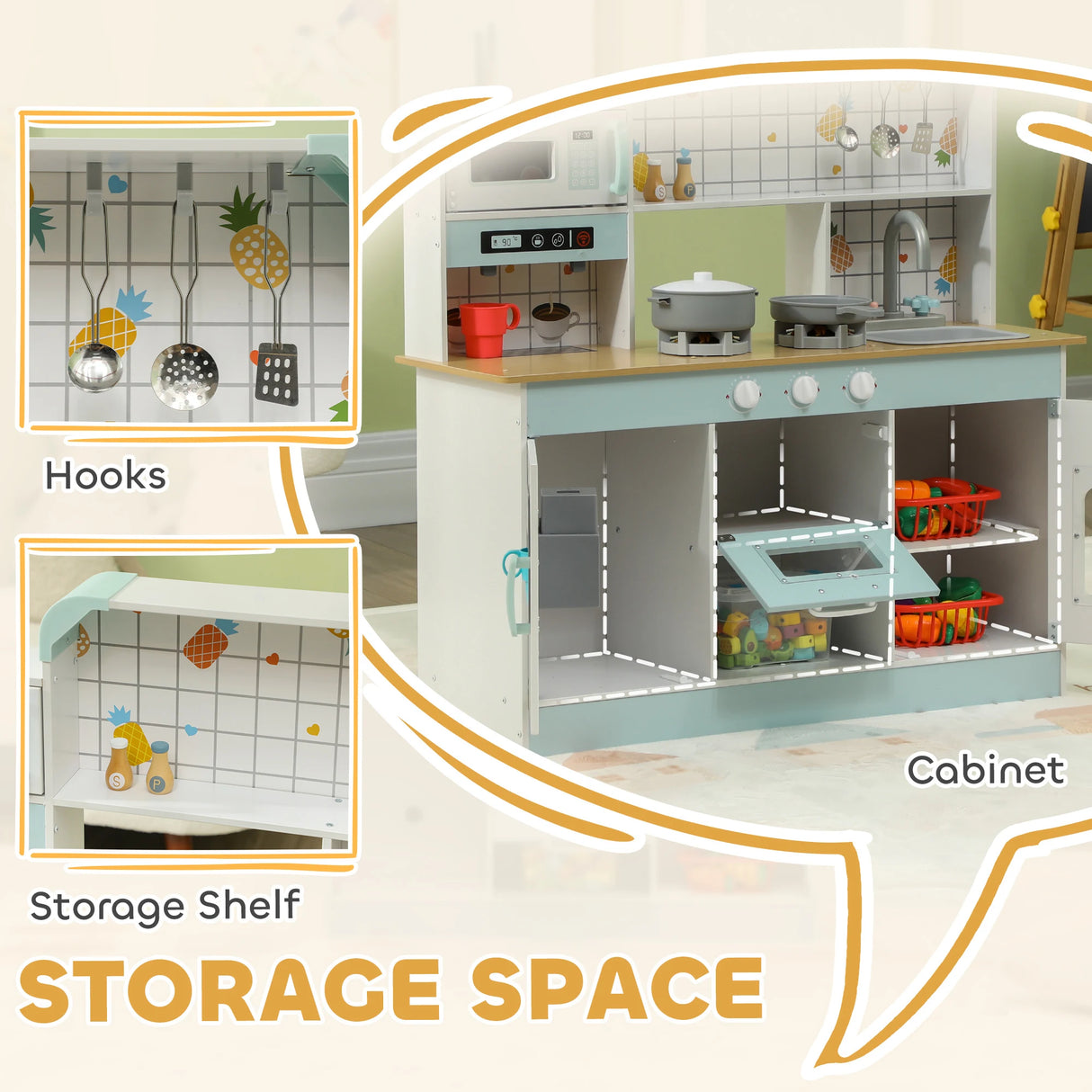 AIYAPLAY Toy Kitchen, Pretend Role Play Kitchen with Hob, Sound, Light, Coffee Machine, Ice Maker, Microwave