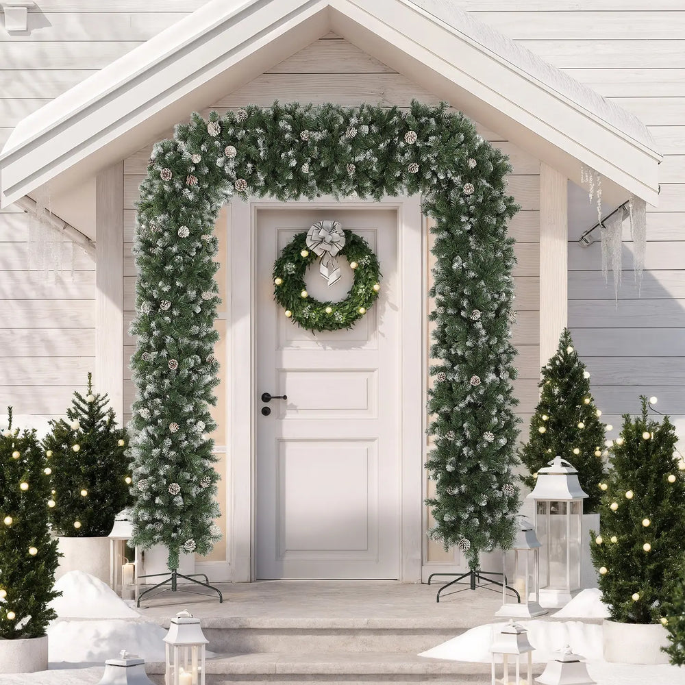 HOMCOM 8.2 ft Snow Frosted Christmas Tree Arch, Christmas Arch Doorway Decor with 1800 Tips and 91 Pinecones, Artificial Xmas Tree with Metal Stand for Indoor, Green