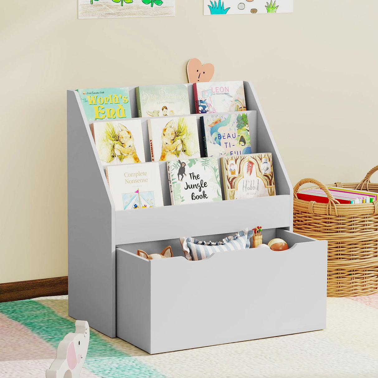 AIYAPLAY Bookcase for Kids with Shelves, Drawer, Bookcase for Bedroom, Playroom, Grey