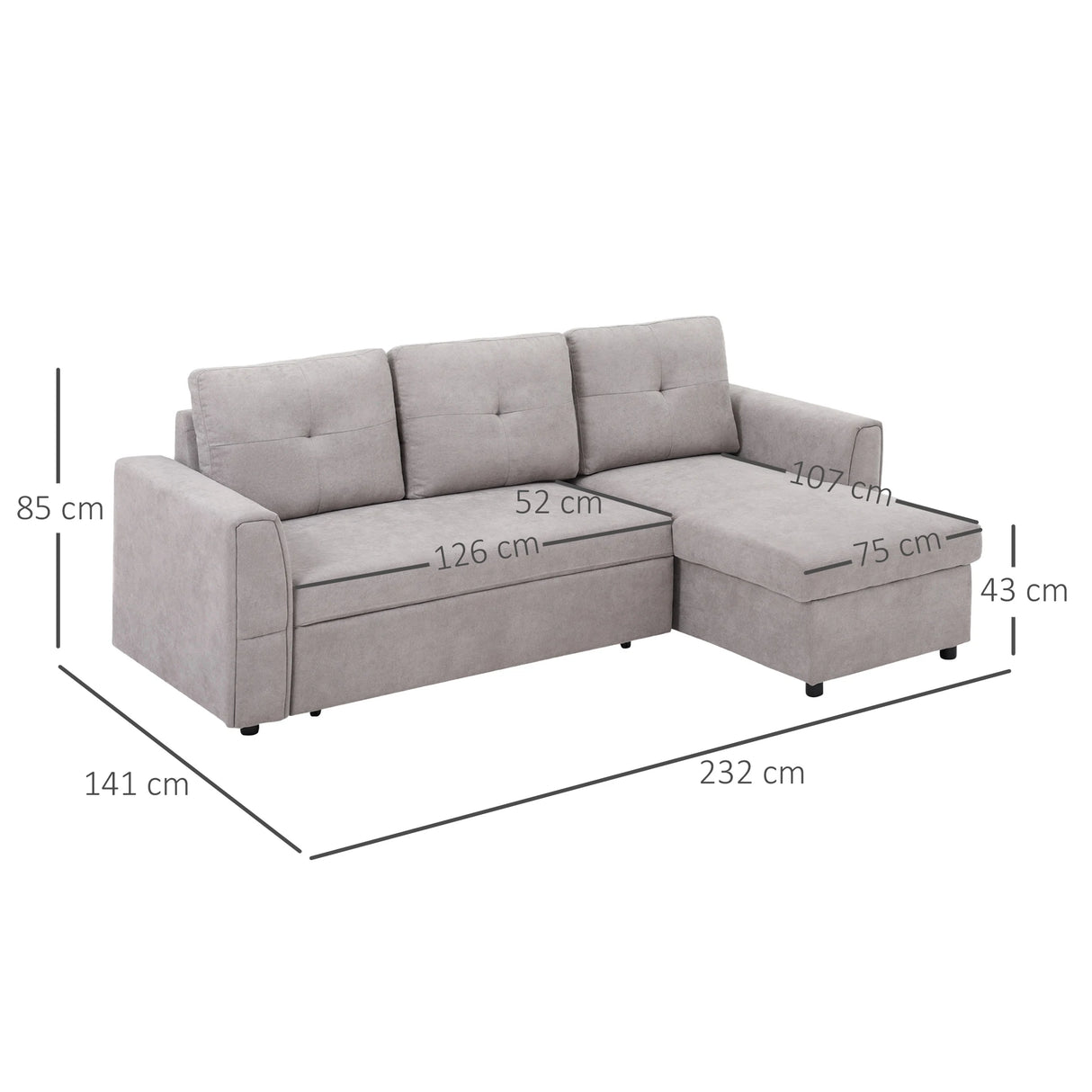 HOMCOM 3 Seater Sofa Bed, L Shaped Pull Out Sofa Bed with Storage, Convertible Click Clack Settee Sectional Sleeper Futon for Living Room, Office, Light Grey