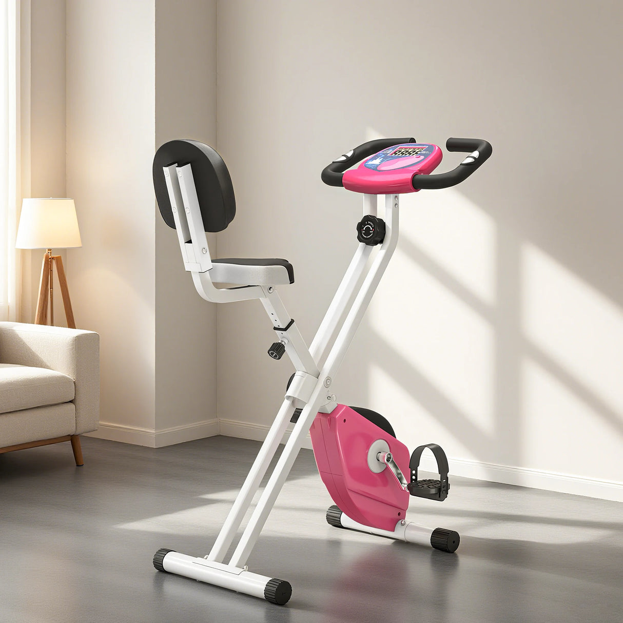 HOMCOM Folding Exercise Bike, Fitness Bicycle Indoor Trainer, 8-Level Magnetic Resistance Adjustable, with LCD Monitor, Pulse Sensor, Pink