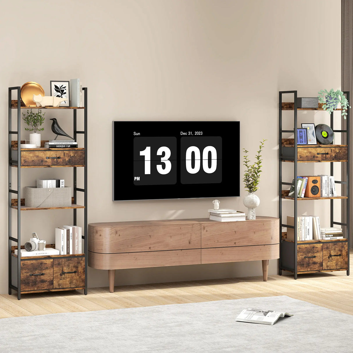 HOMCOM Industrial Style Bookcase, with 4 Shelves and 3 Fabric Drawers - Brown/Black