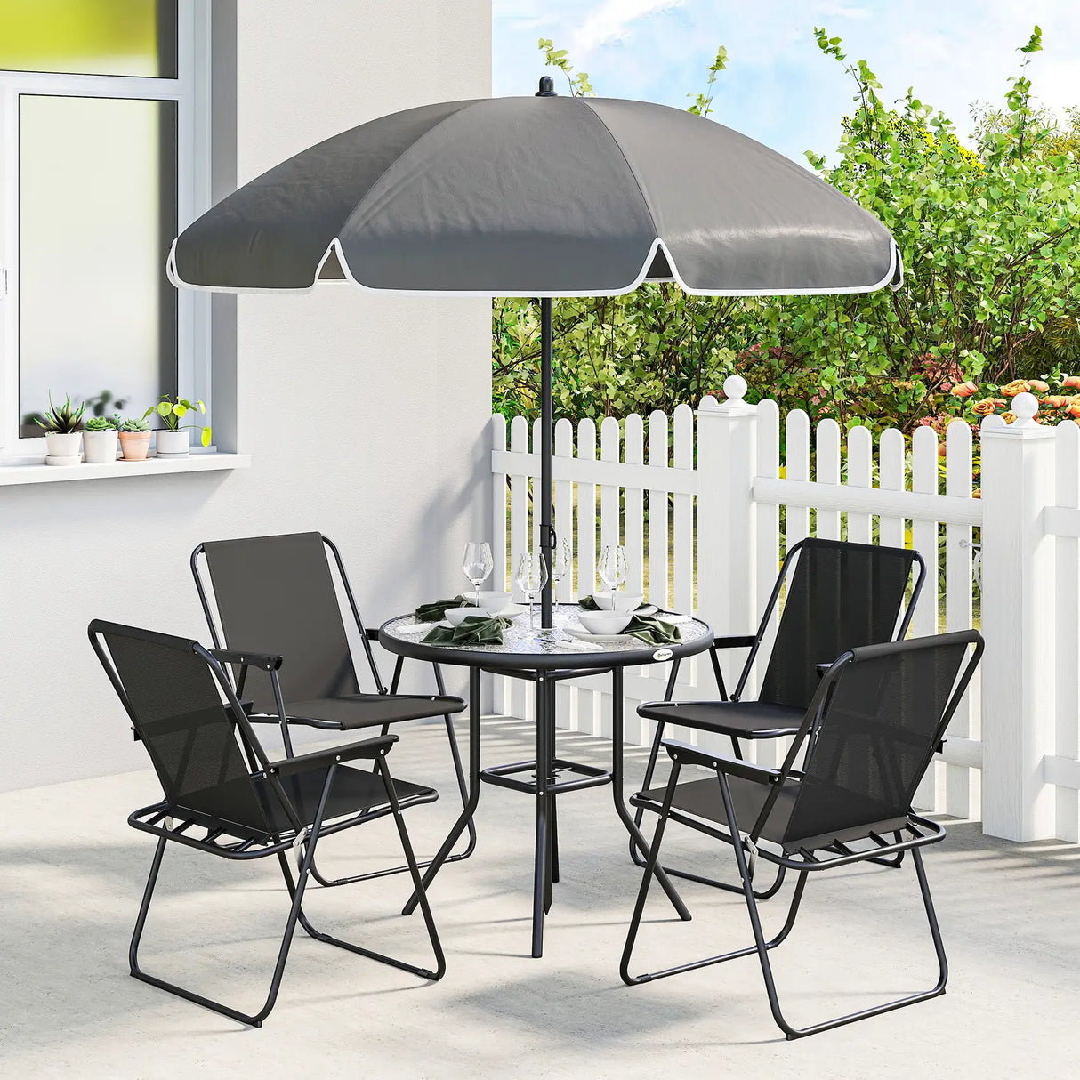 Outsunny 4 Seater Garden Furniture Set, 6 Pieces Garden Table and Chairs with Parasol for Patio, Black