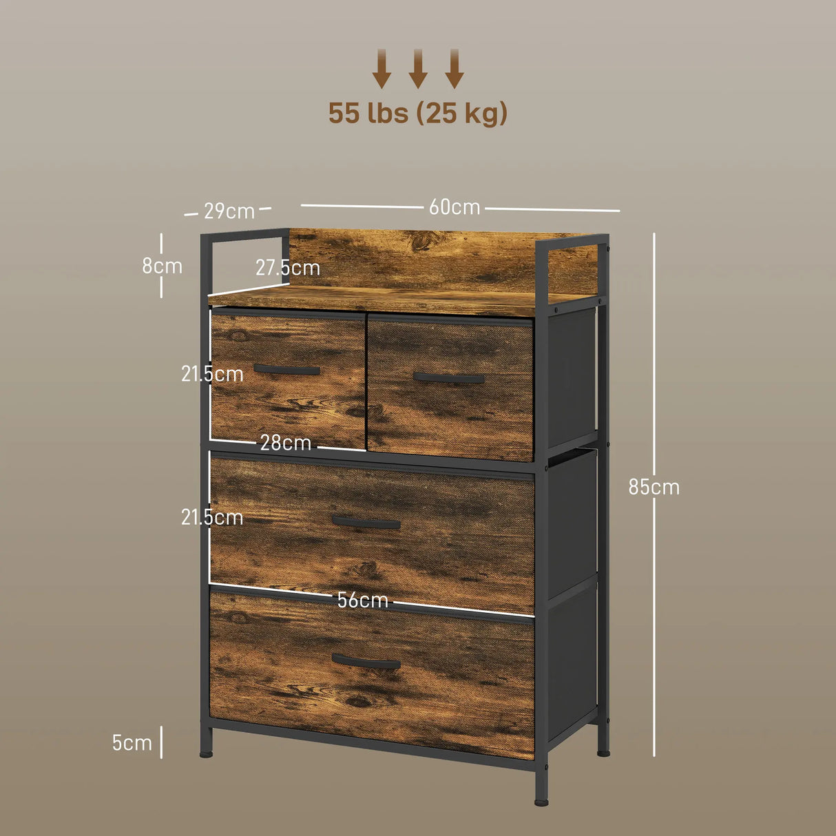 HOMCOM Rustic Chest of Four Fabric Drawers - Rustic Brown