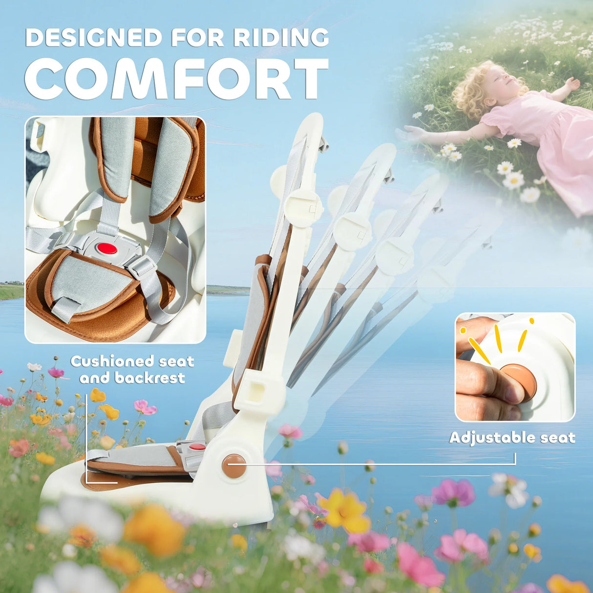 AIYAPLAY 5 in 1 Kids Trike with Adjustable Backrest, Toddler Tricycle with Push Handlebar, Adjustable Backrest, Cream White