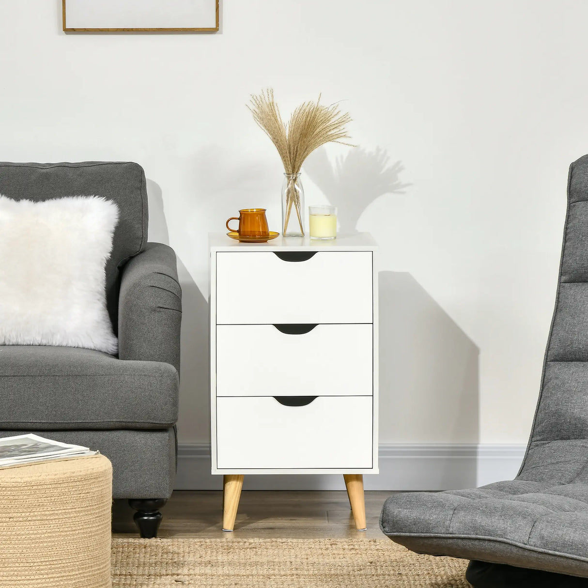 HOMCOM Bedside Table, Bedside Cabinet with 3 Drawers, Side End Table with Pine Wood Legs for Bedroom Living Room, White