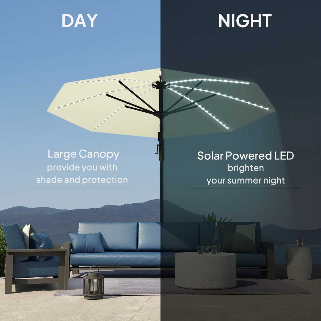 Outsunny 3(m) Cantilever Garden Parasol with Solar Powered Lights, Crank Handle & Cross Base, UPF 50+, 360 Rotation, Cream