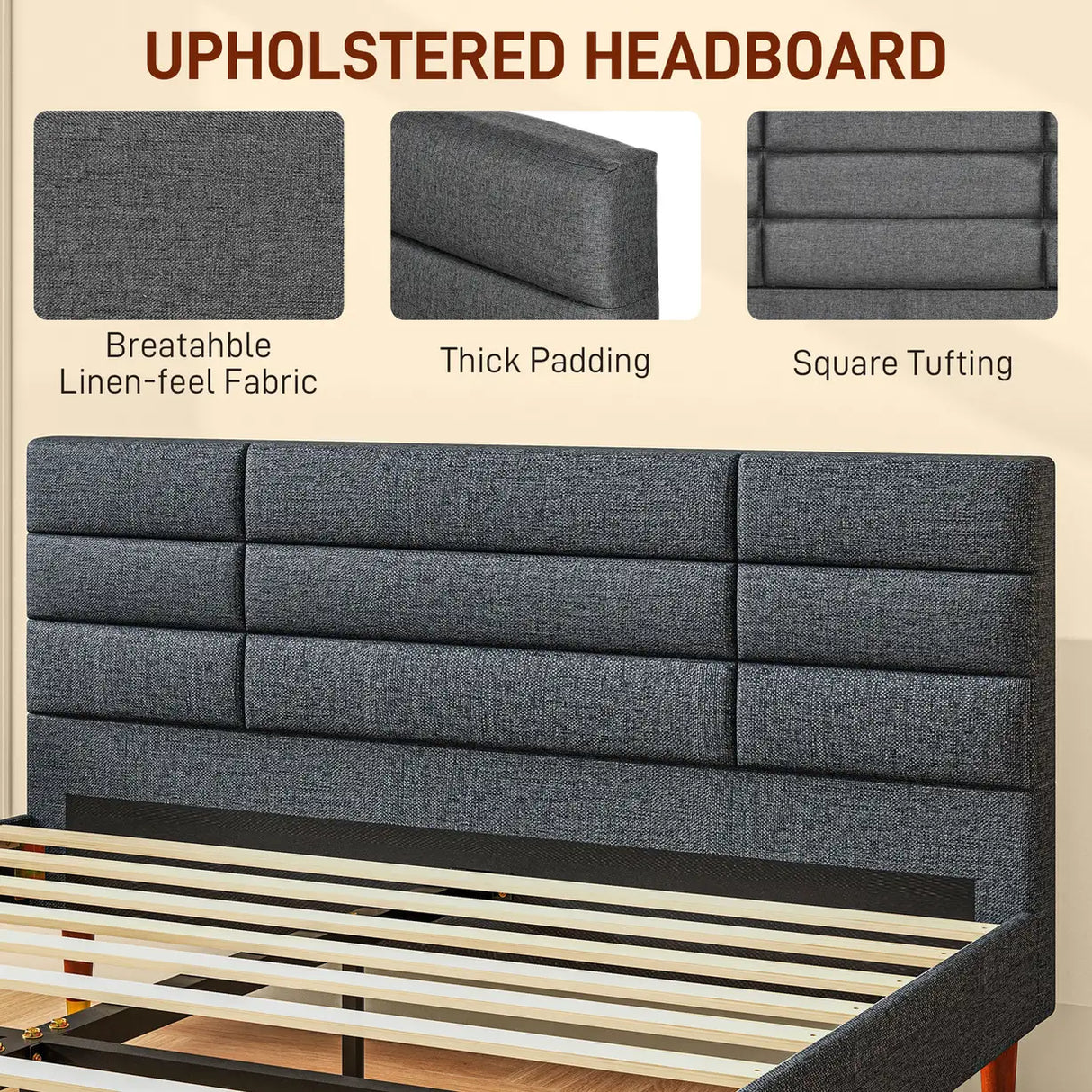 HOMCOM Upholstered King Bed Frame 154W x 206D x 87Hcm with Slats - Grey