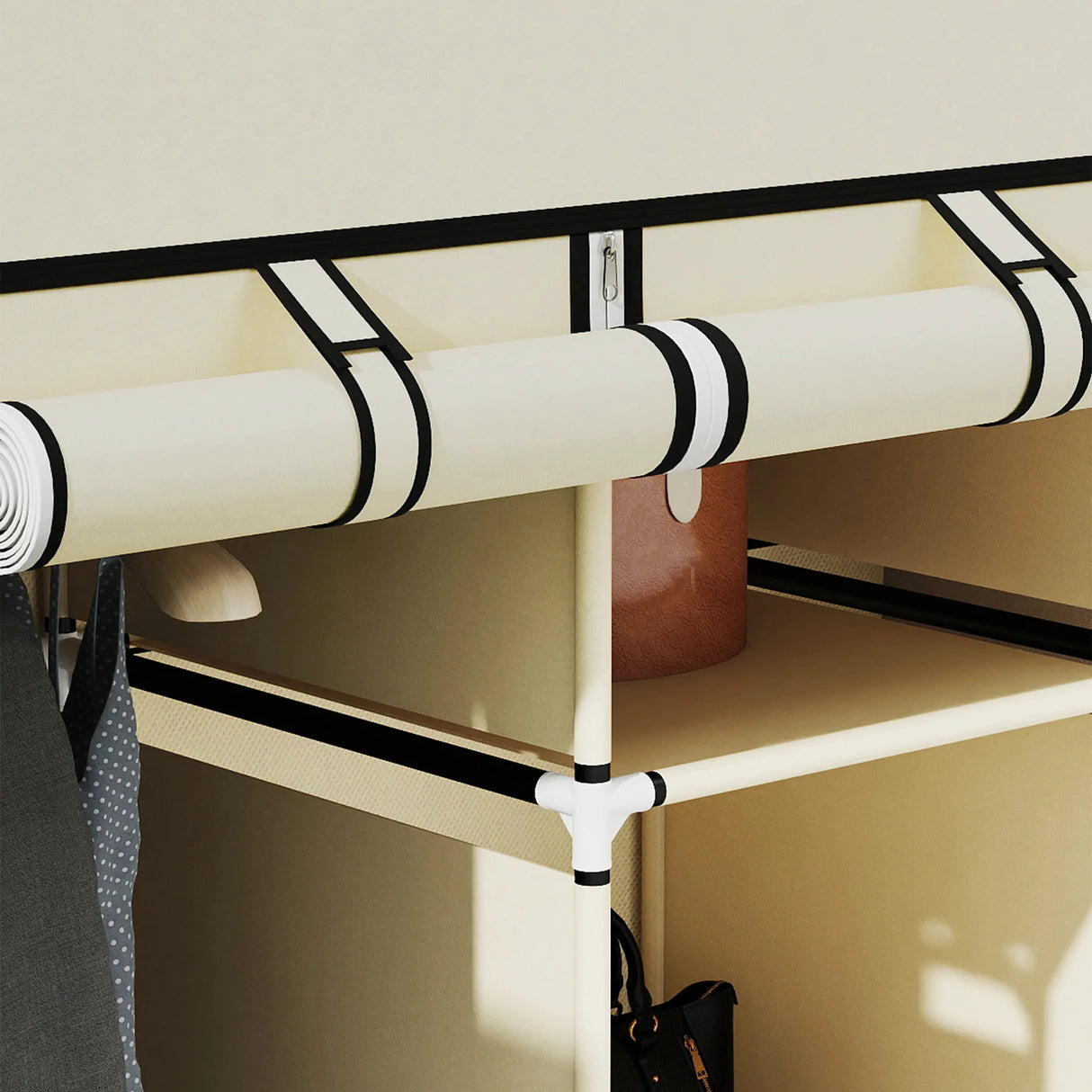 HOMCOM Fabric Wardrobe, with Rails and Shelves - Cream White