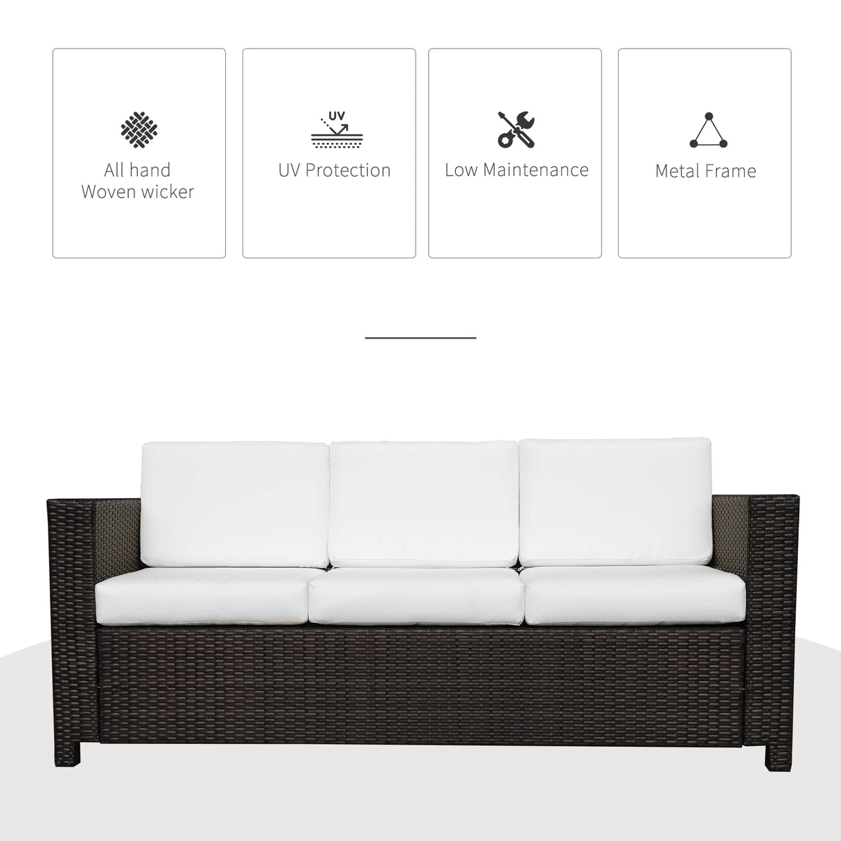 Outsunny 3 Seater Rattan Sofa, All-Weather Wicker Weave Metal Frame Chair with Fire Resistant Cushion, Brown