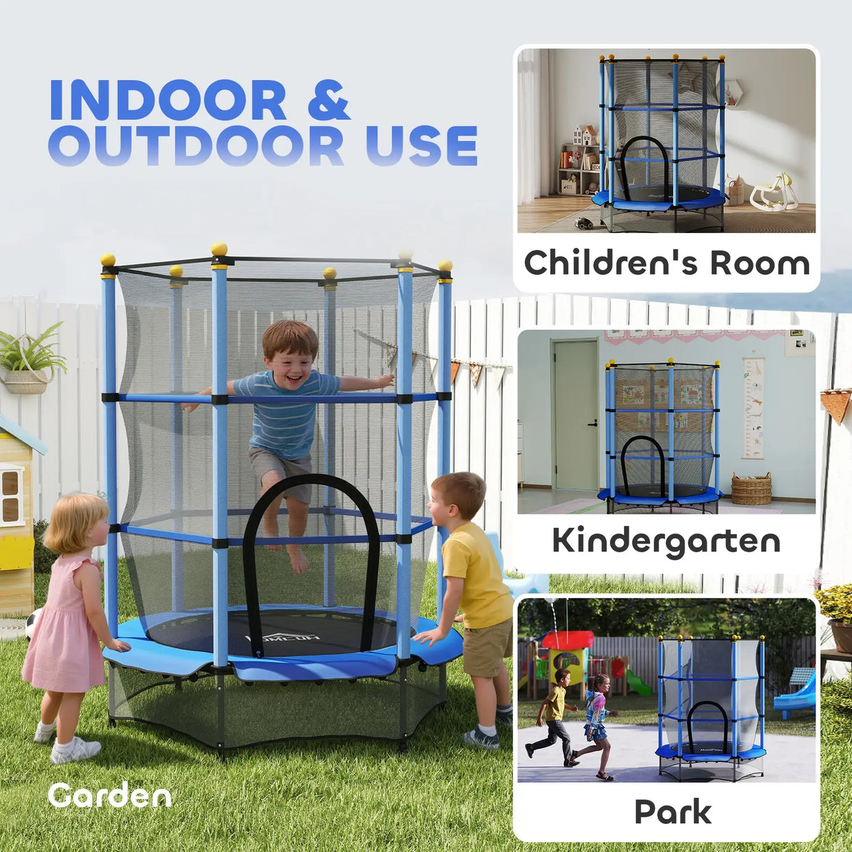 HOMCOM 4.6FT/55" Kids Trampoline with Safety Enclosure, Outdoor Indoor Use, for Ages 3-10 Years, Blue