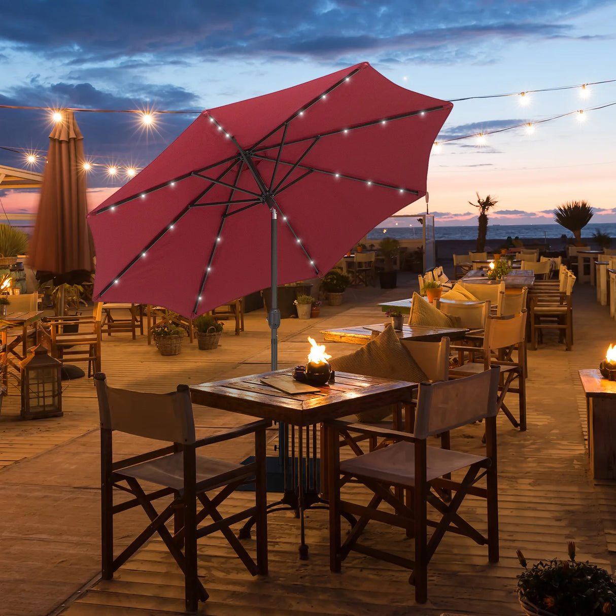 Outsunny 2.7m Patio Garden Umbrella Outdoor Parasol with Tilt Crank and 24 LEDs Lights (Red)
