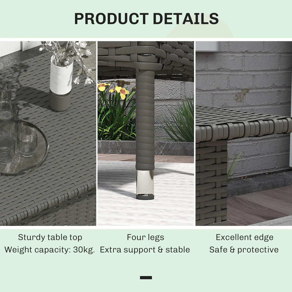 Outsunny Rattan Side Table, Outdoor Coffee Table with Plastic Board Under the Full Woven Table Top for Patio, Garden, Balcony, Grey