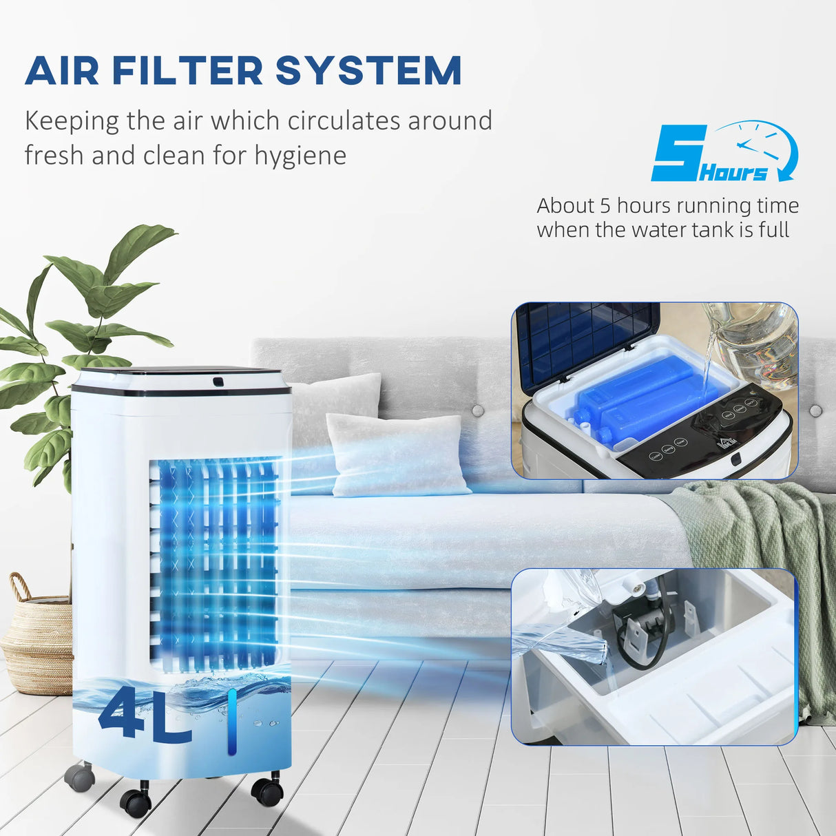 HOMCOM 3-in-1 Evaporative Air Cooler with 4L Water Tank, Portable Fan Cooler with Automatic Oscillation, Timer, Remote, White