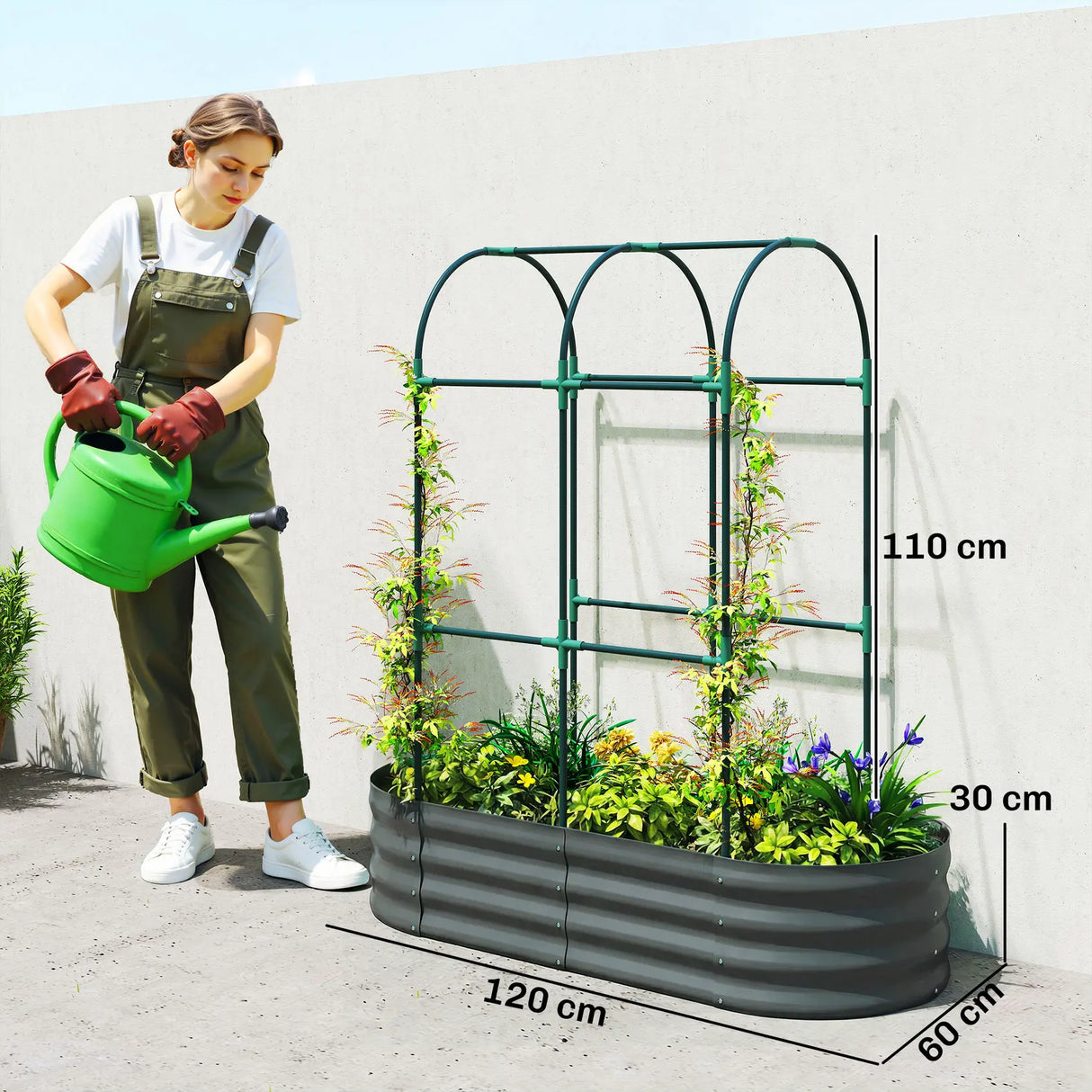 Outsunny Galvanised Raised Garden Bed with Arched Trellis, 4 x 2 x 4.6ft Metal Raised Bed for Garden with Open Bottom, Dark Grey