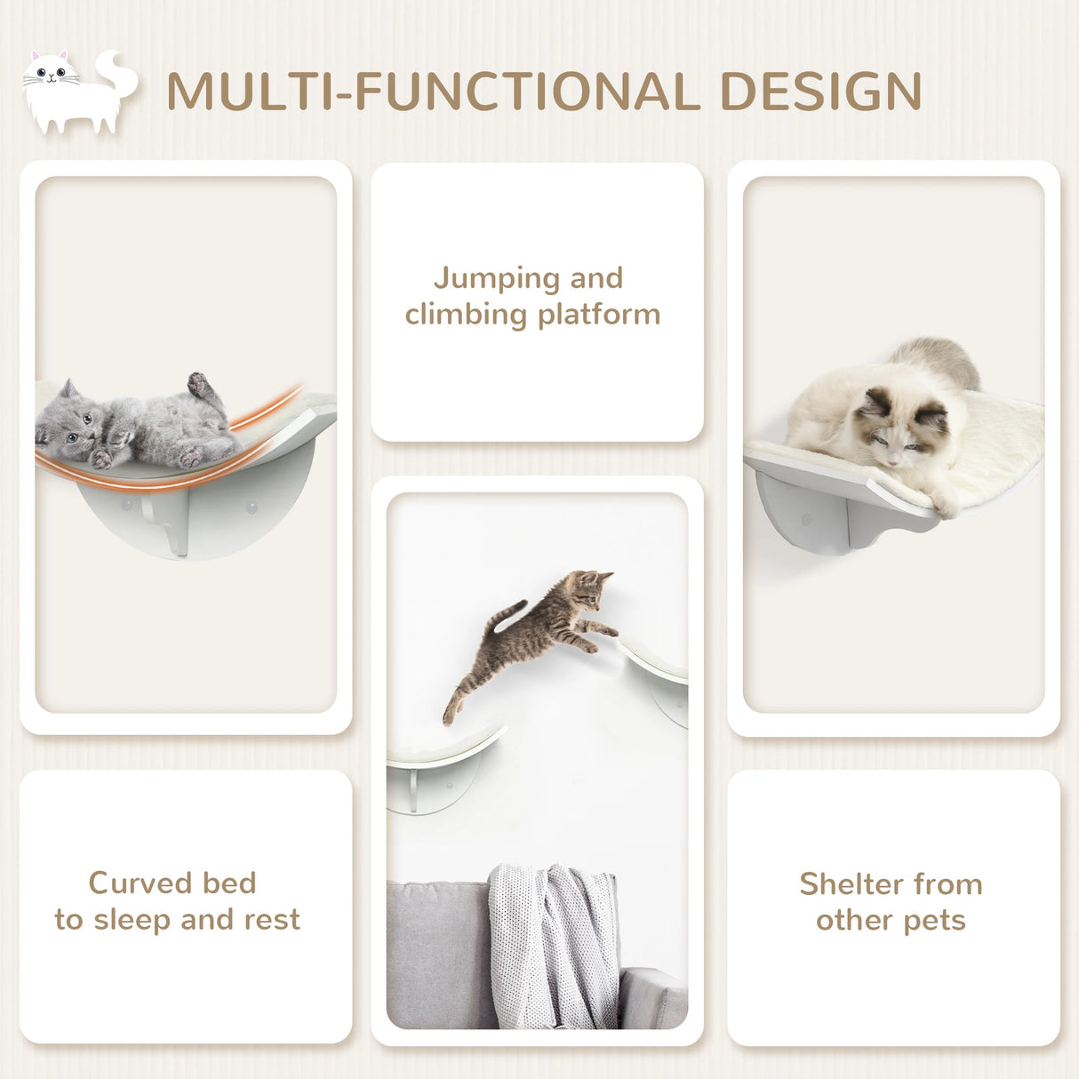 PawHut Wood Cat Shelves, Wall-Mounted Cat Shelter, Curved Kitten Bed Perch Climber Furniture 41 x 28 x 21cm White