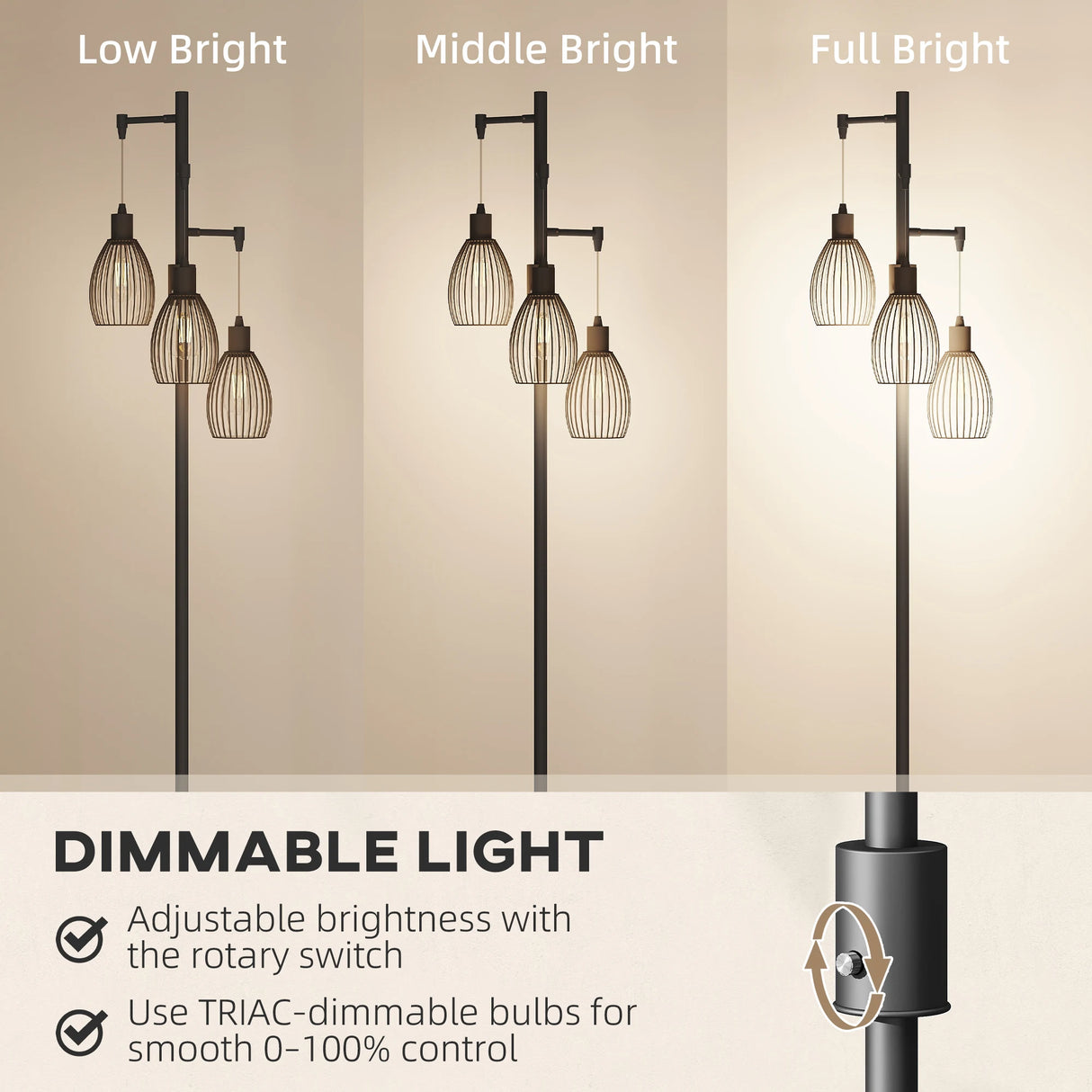 HOMCOM 3-Light LED Floor Lamp, 170cm Industrial Dimmable Standing Lamp with Steel Wire Cage Lampshades, 2700K for Living Room, Bedroom, Dining Room, Study, Black