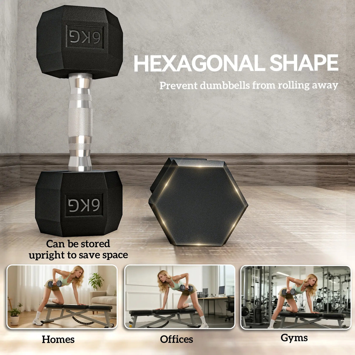 HOMCOM 2x6kg Hex Dumbbells Set Rubber Dumbbells Weight Lifting Equipment Fitness Home Gym