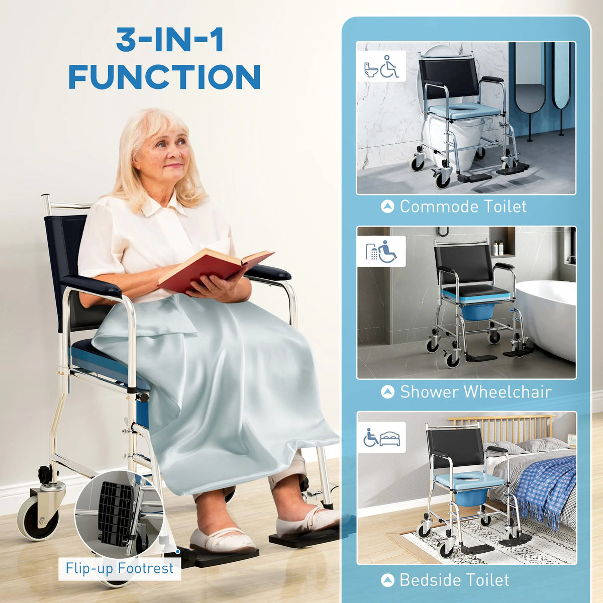 HOMCOM 3-In-1 Commode Wheelchair - Black