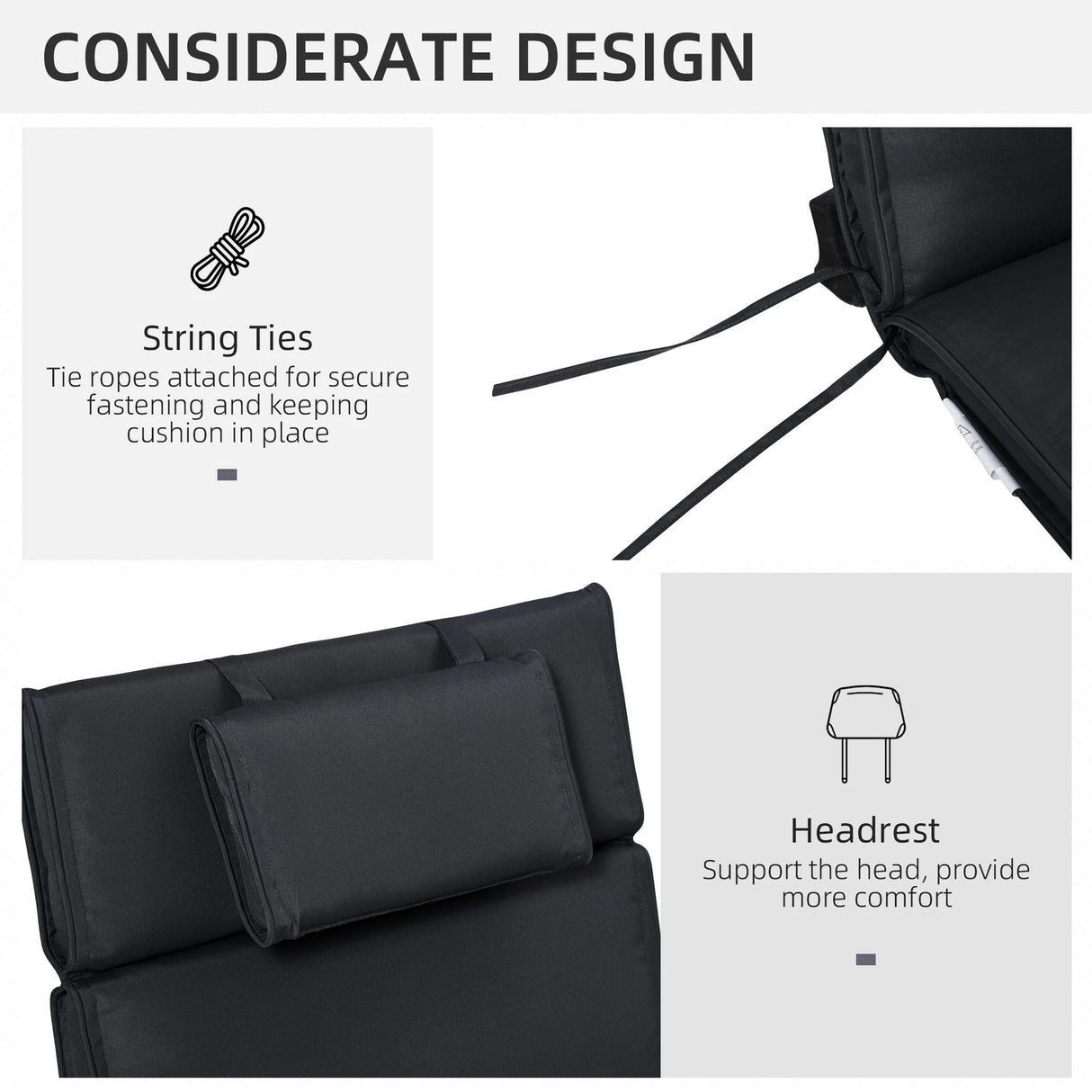 Outsunny Garden Sun Lounger Cushion Replacement Soft Sunbed Reclining Chair Relaxer Pad with Pillow, Cushion ONLY - Black