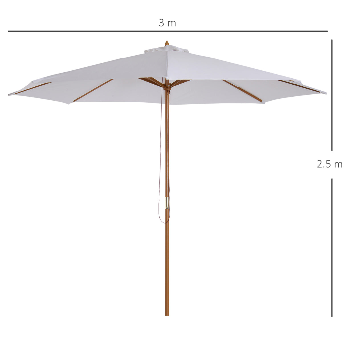 Outsunny 3(m) Garden Parasol, Pulley Operated Patio Umbrella, Wooden Table Market Umbrella with Rope Pulley Mechanism and 8 Ribs, Cream White