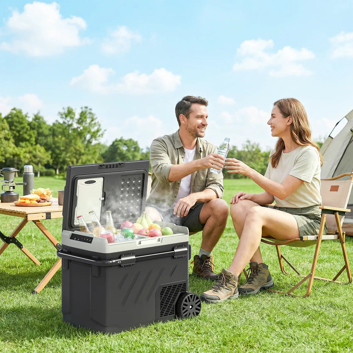 Outsunny 49L Compressor Car Fridge Freezer, Dual Zone Camping Refrigerator with App Control, Telescopic Handle, -20C-20C