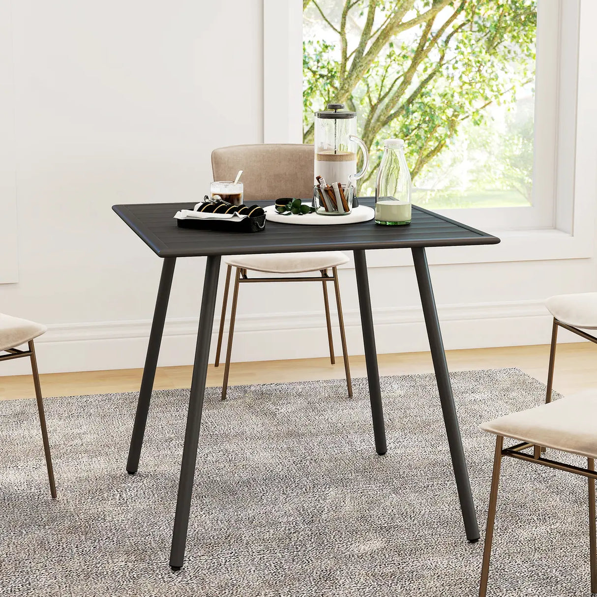 Outsunny Square Garden Table with Slat Top, Steel Frame, Outdoor Table for 4 Person, 80 x 80 x 74 cm, Black