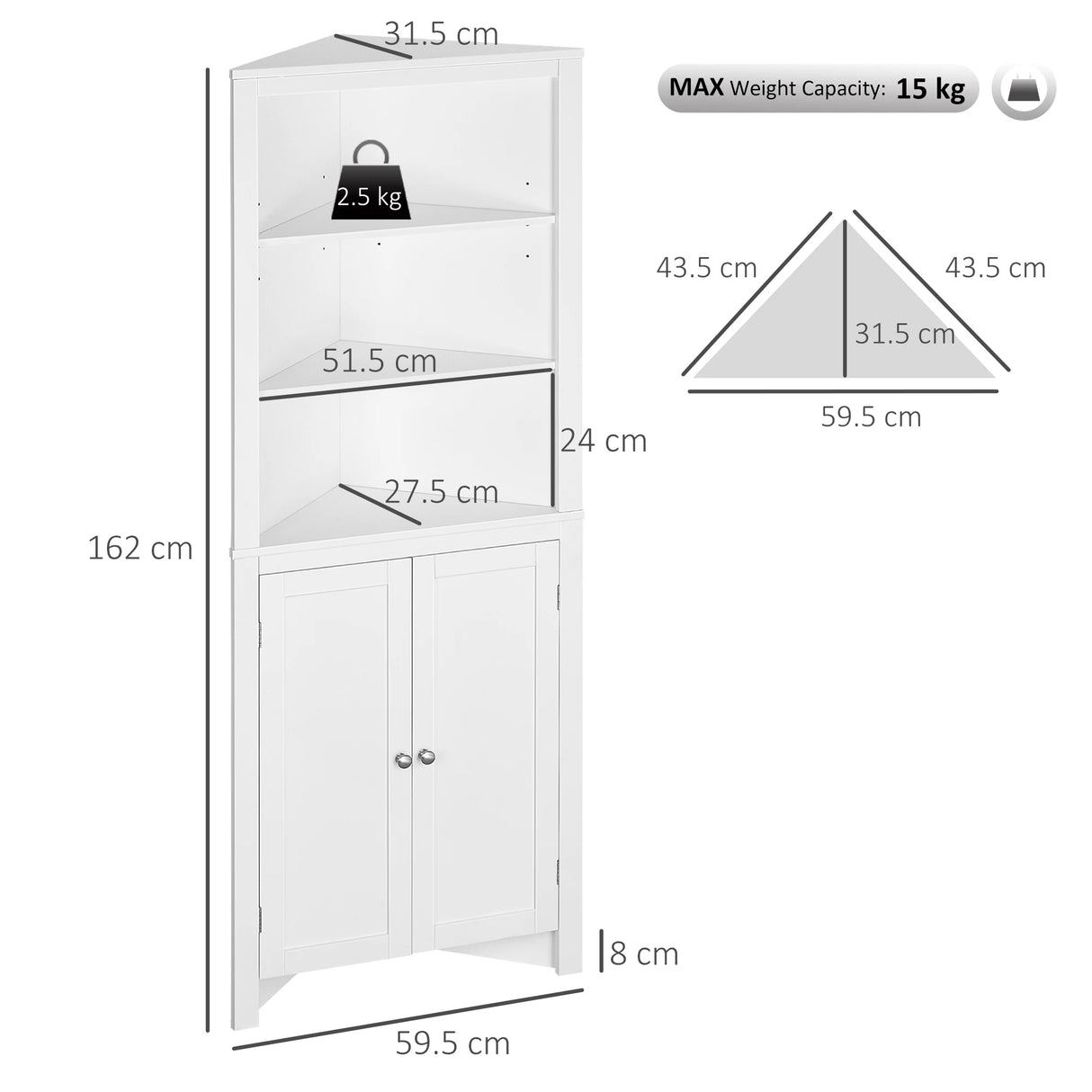 kleankin Triangle Bathroom Cabinet, Corner Bathroom Storage Unit with Cupboard and 3-Tier Shelves, Free Standing, White