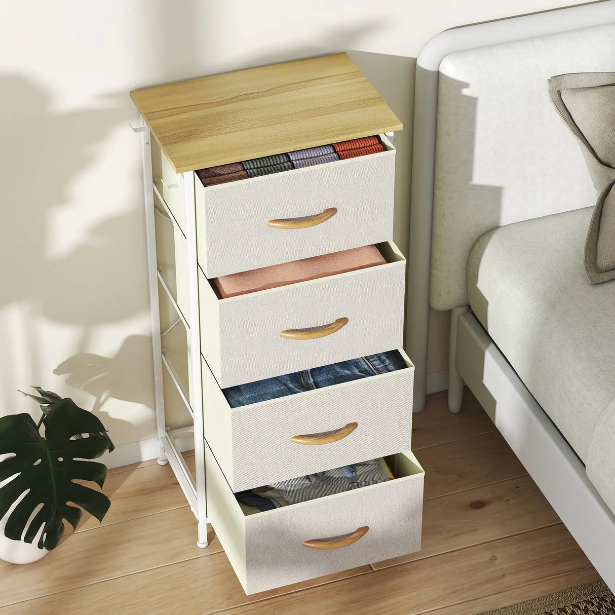 HOMCOM Chest of Four Fabric Drawers - Beige