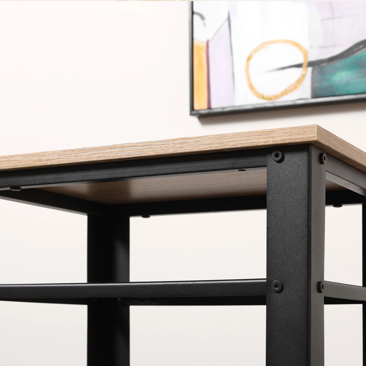 HOMCOM Tall Side Table Set of 2 with 3 Layer, 2 Shelves Storage Display Industrial-Style, Metal Frame, Bedside End Table for Living Room Bedroom, Oak and Black