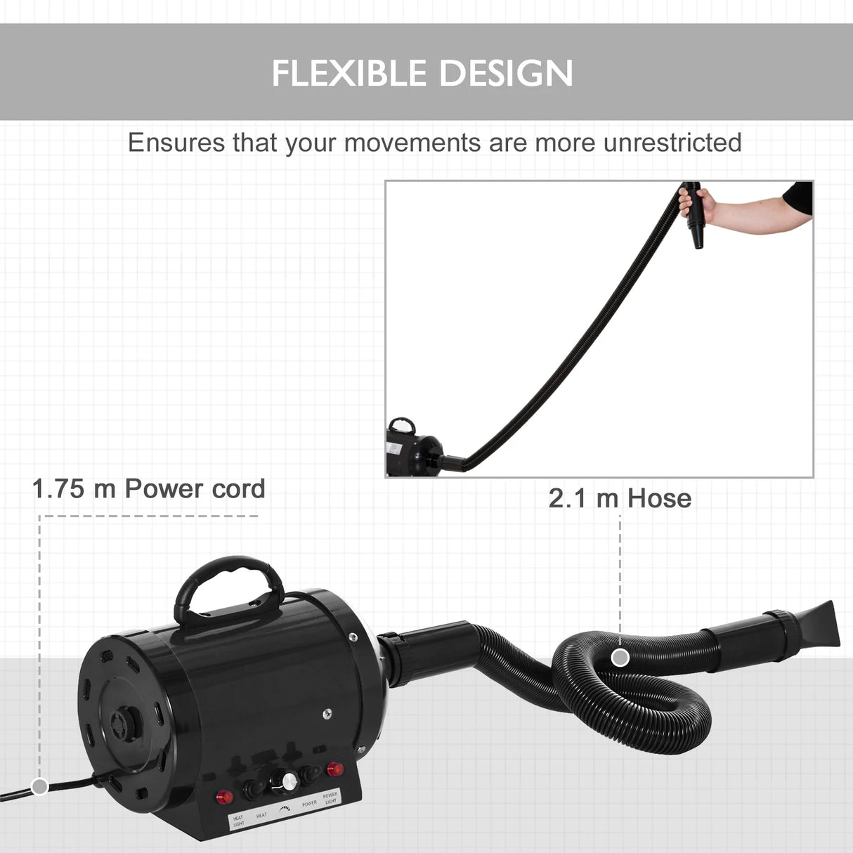 PawHut Dog Hair Dryer Pet Grooming Blaster Dryer Blower Adjustable Temperature Speed with 2.1M Flexible Hose 3 Nozzles - Black