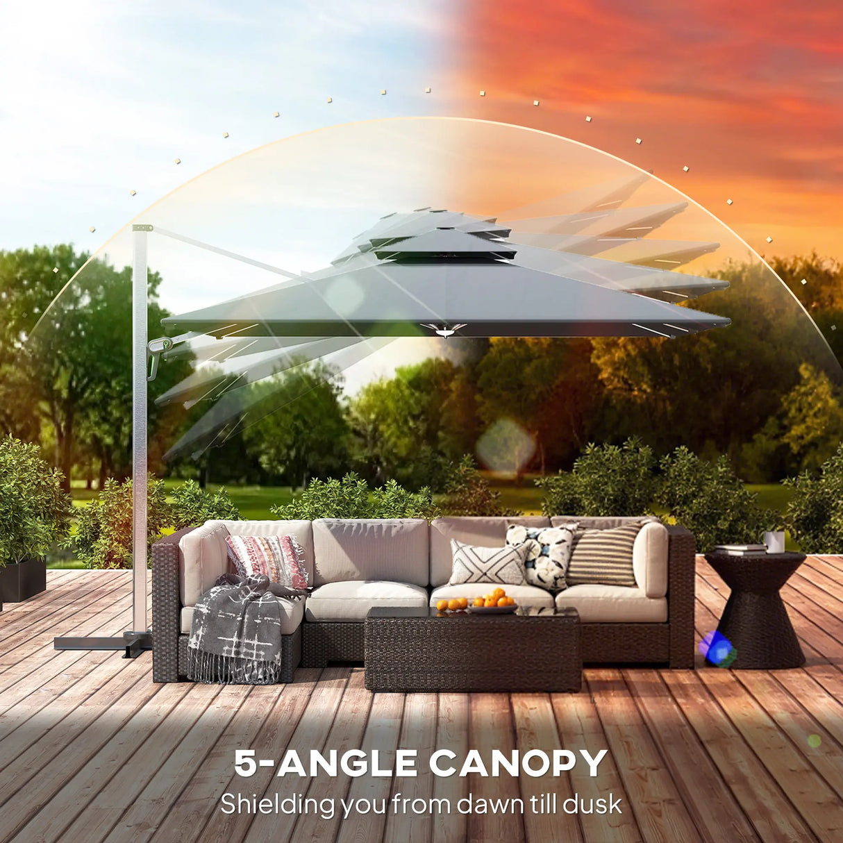 Outsunny 3(m) Garden Cantilever Parasol with Solar LED Lights, Cross Base, 360 Rotation, Crank Handle and Tilt, Grey