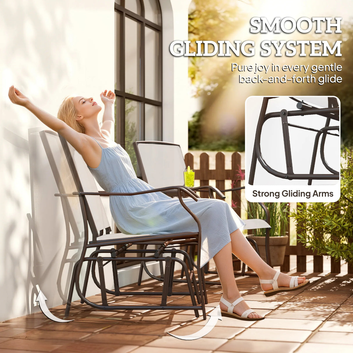 Outsunny Gliding Jack and Jill Seat, with Glass-Top Table - Brown/Beige