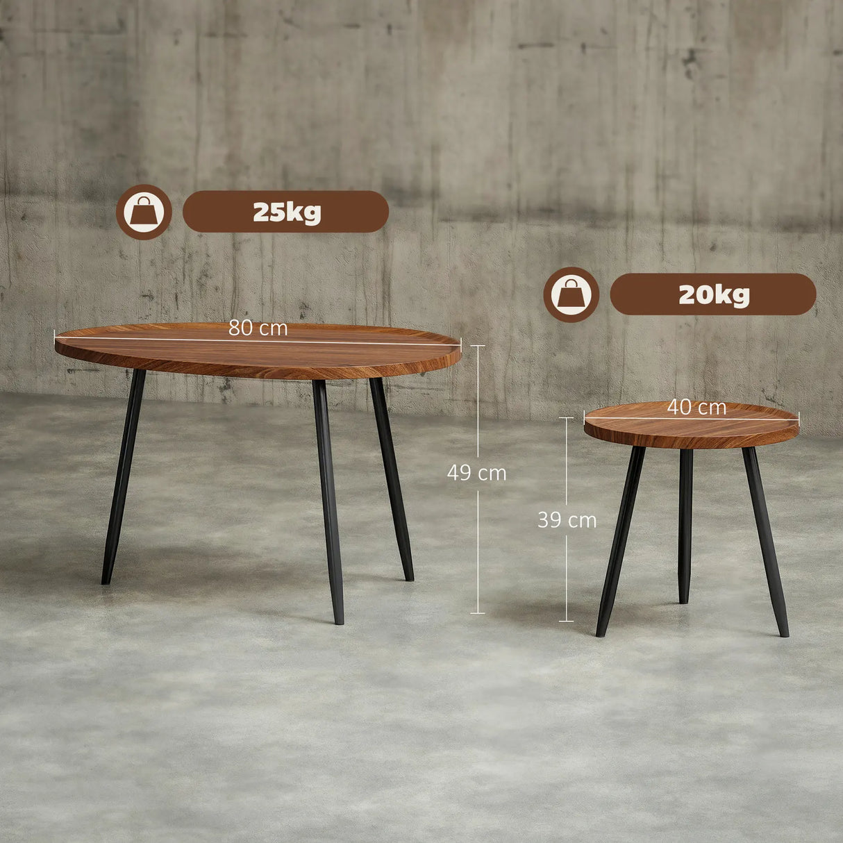 HOMCOM Nesting Coffee Table Set of 2, 80cm Modern Stacking End Side Table with Metal Legs for Living Room Bedroom Office, Chestnut Wood Effect