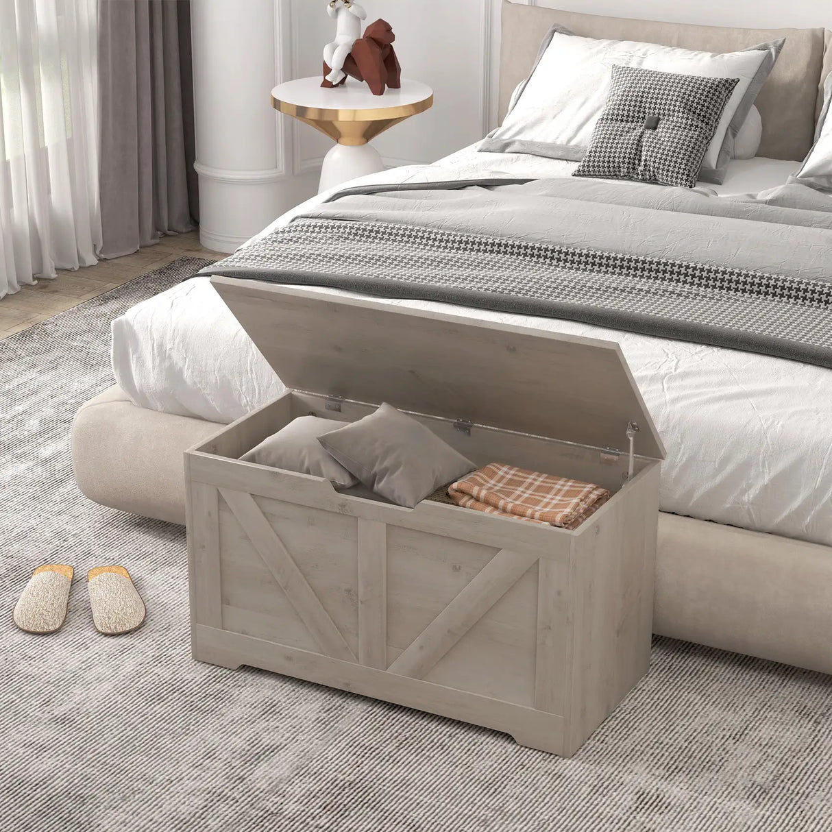 HOMCOM 100L Home Storage Box, with Safety Hinges - Grey Wood-Effect