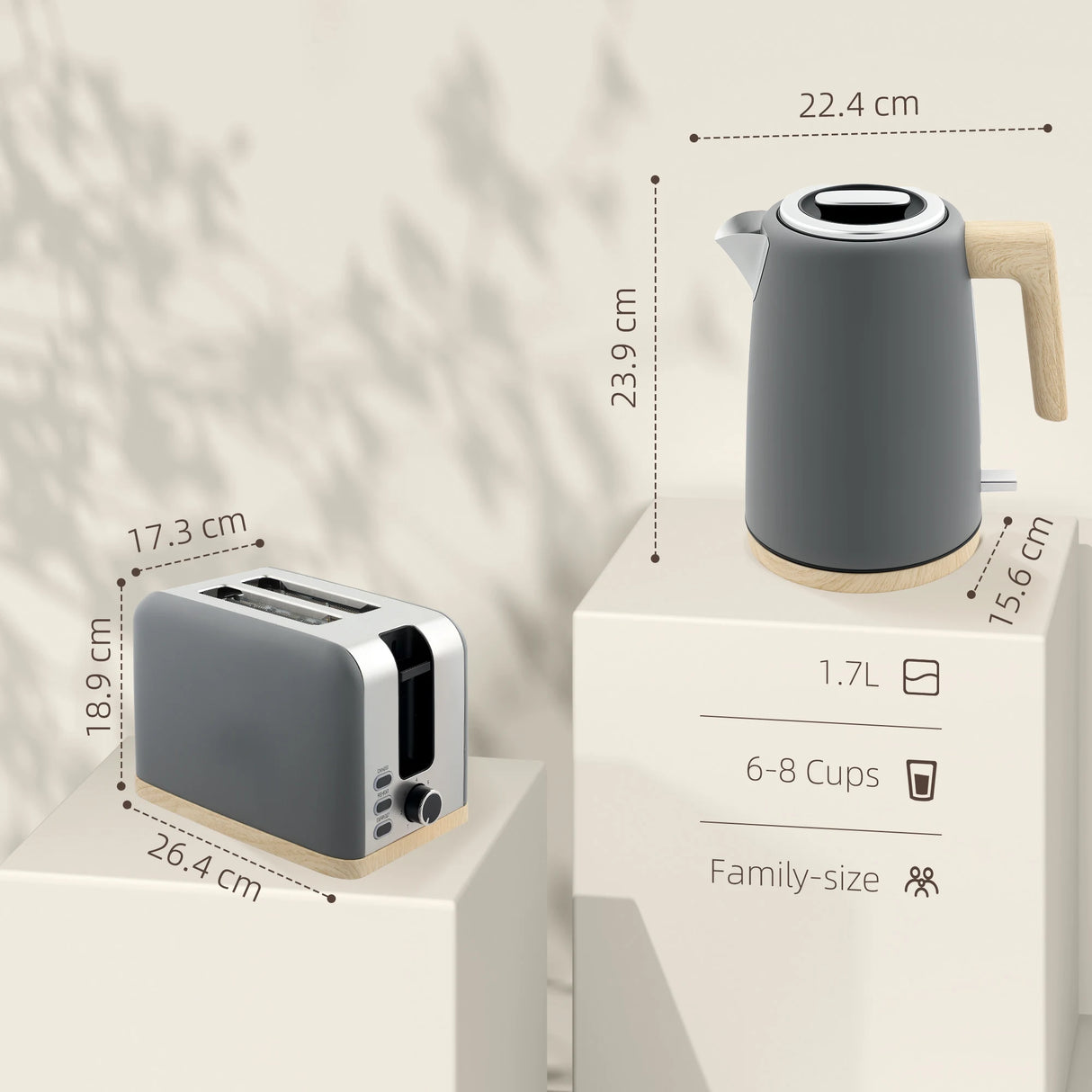 HOMCOM Stainless Steel Kettle and Toaster Set, 1.7L 3000W Fast Boil Kettle & 2 Slice Toaster Kitchen Set with 7 Level Browning Controls, Defrost, Reheat, Auto Off, Boil-dry Protection, Grey