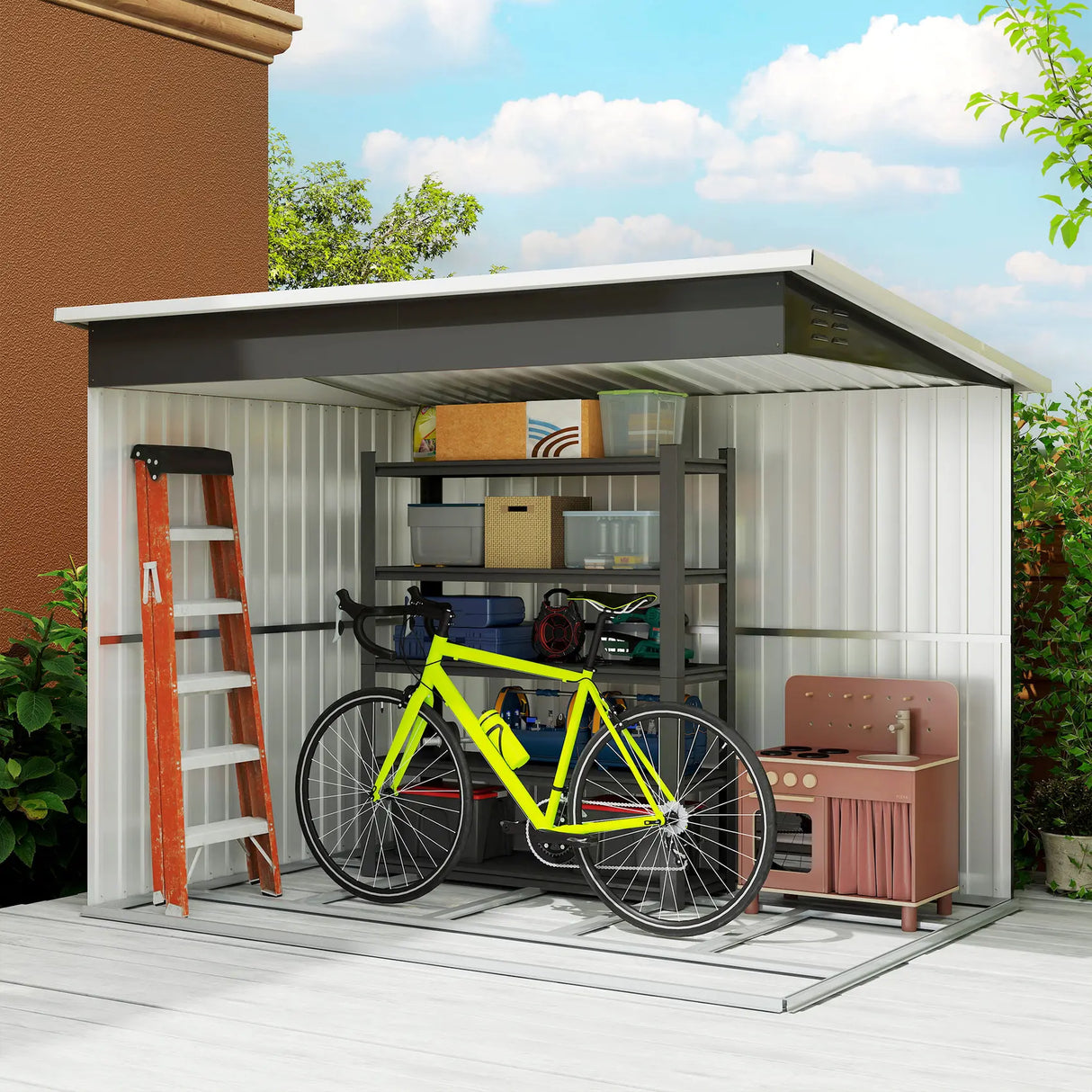 Outsunny 8.5 x 6ft Storage Shed Galvanised Steel Garden Shed, Metal Shed with Foundation Kit, Window, Lockable Wide Doors and Air Vents for Outdoor Patio, Dark Grey