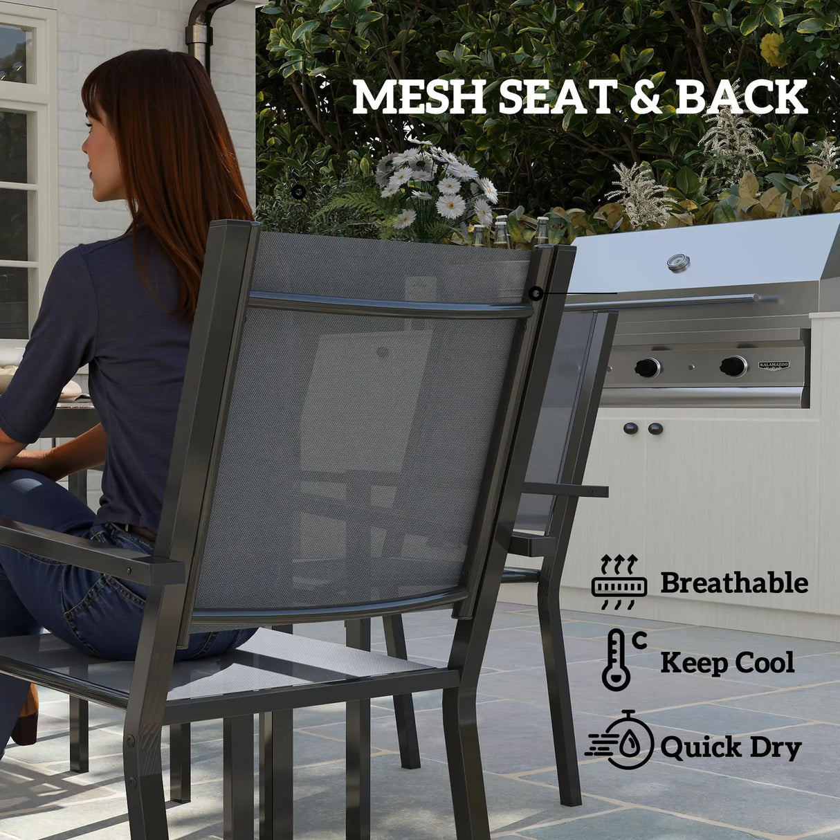 Outsunny 7 Piece Garden Dining Set, Outdoor Furniture Set with 6 Stackable Chairs and 150 cm Rectangle Table, WPC Slatted Top, Rust-Resistant Steel Frame, for Garden, Porch, Terrace