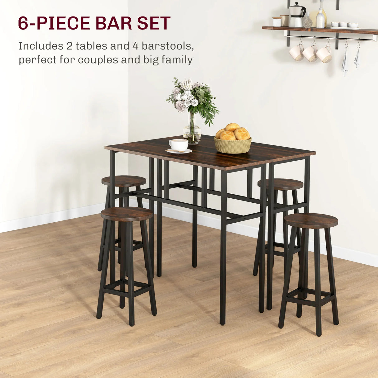 HOMCOM 6-Piece Bar Table Set, Counter Height Kitchen Dining Set with 2 High Tables & 4 Stools, Space Saving Compact Bar Furniture for Small Kitchens and Flats, Multiple Arrangements, Rustic Brown