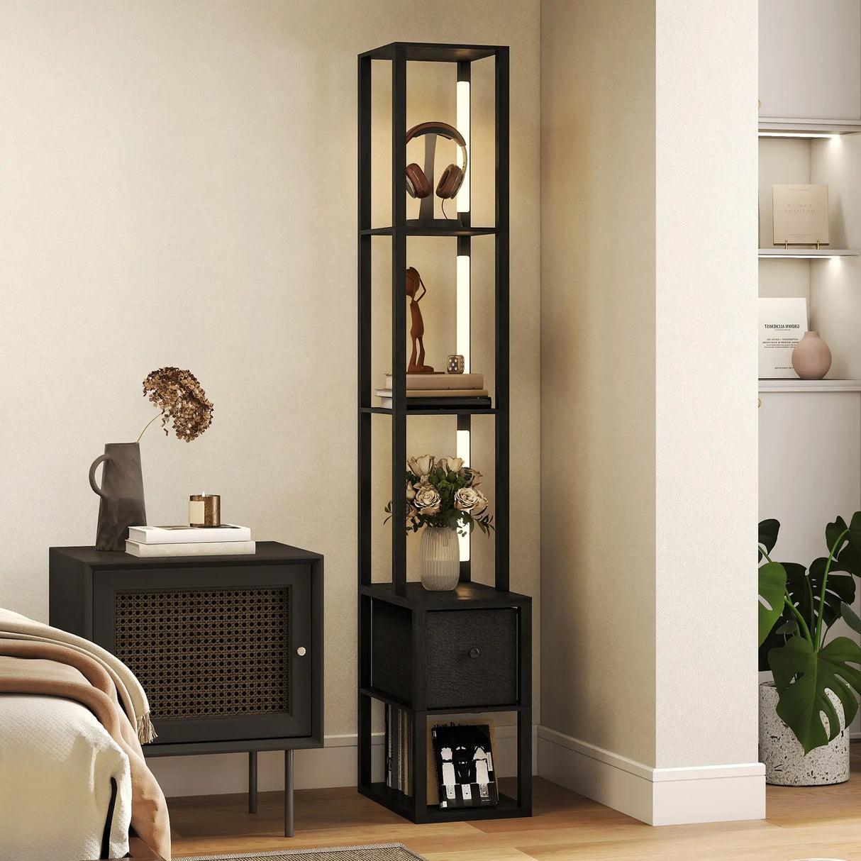 HOMCOM Floor Lamp with Shelves, LED Column Modern Standing Lamp with Fabric Drawer, Adjustable Brightness, Foot Switch for Living Room, Bedroom, Office, Black