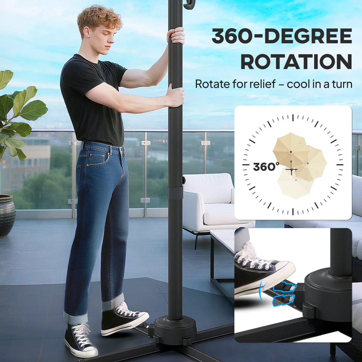 Outsunny 3(m) Adjustable Cantilever Parasol with Base, Solar LED Lights, Khaki